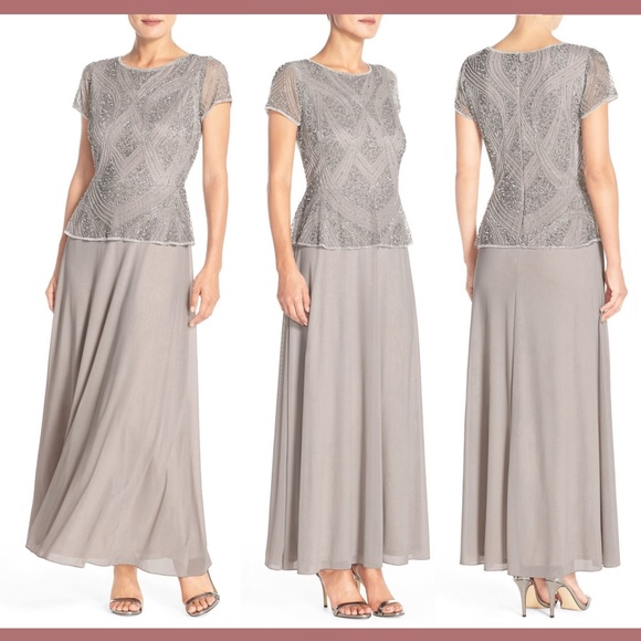 NWT! Pisarro Nights Embellished Mesh & Chiffon Gown‎ in Silver/Grey [SZ 6 ] - Picture 1 of 8